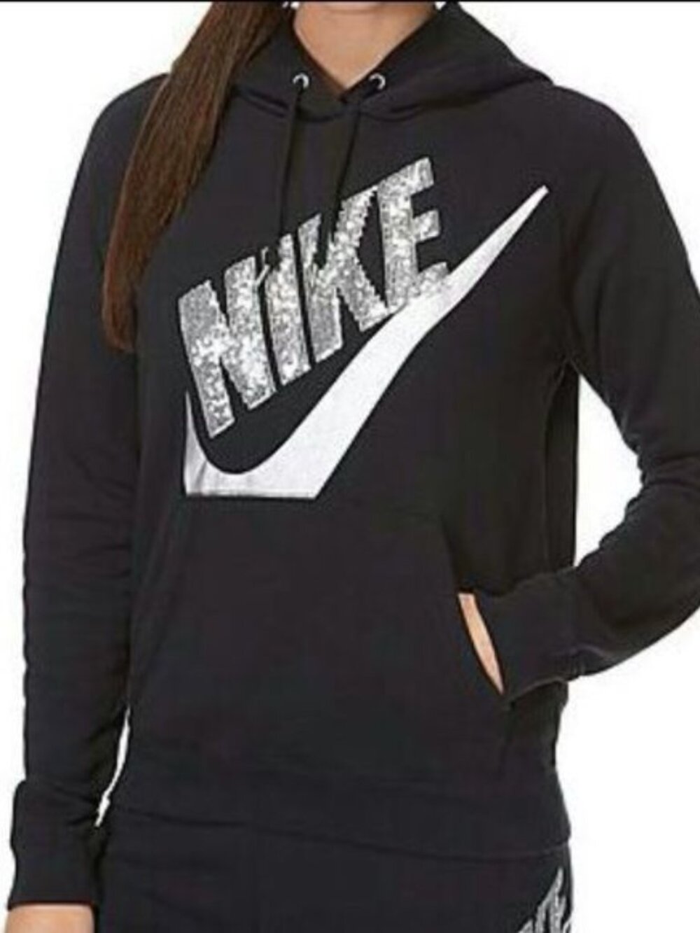 Nike Women's Black Silver Sequin Strike Casual Pullover Hoodie Size S